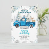 Winter Onederland blauwe vrachtwagen uitnodiging (Staand voorkant)