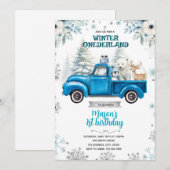 Winter Onederland blauwe vrachtwagen uitnodiging (Voorkant / Achterkant)