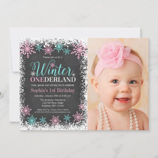 Winter ONEderland Blauwgroen schoolbord 1e verjaar Kaart (Voorkant)