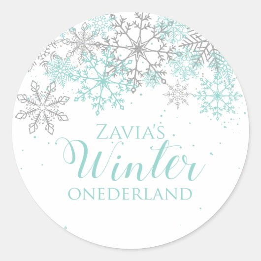 Winter Onederland Blauwgroen Zilver Eerste Dag Ronde Sticker (Voorkant)