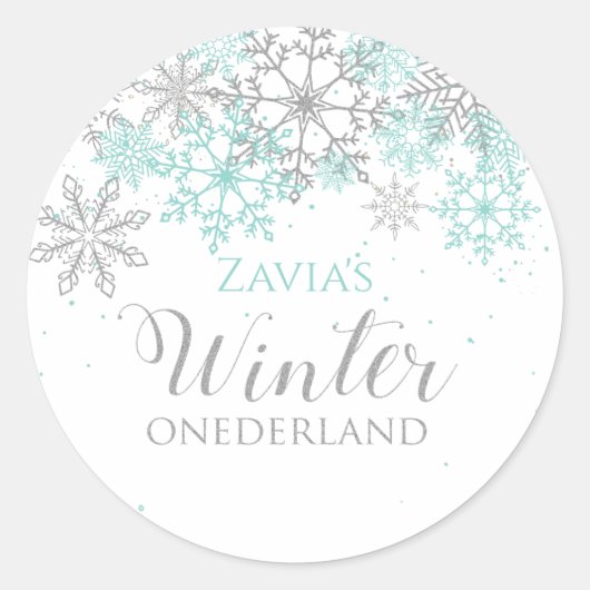 Winter Onederland Blauwgroen Zilver Eerste Dag Ronde Sticker (Voorkant)