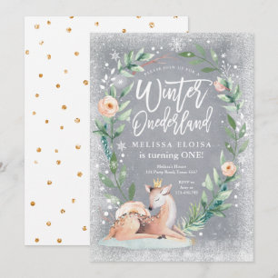 Winter ONEderland Bloemen Zilver Herten Verjaardag Kaart
