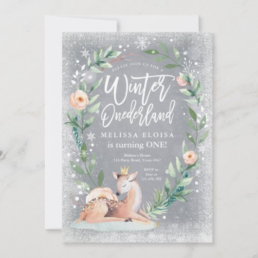 Winter ONEderland Bloemen Zilveren Bos Verjaardag Kaart (Voorkant)