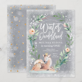 Winter ONEderland Bloemen Zilveren Bos Verjaardag Kaart