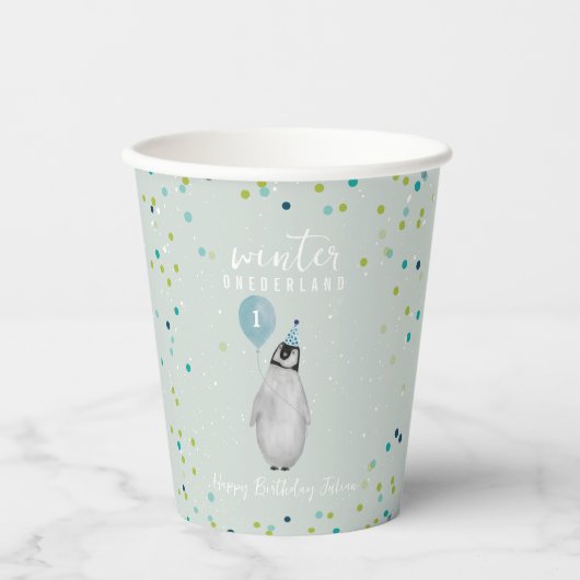 Winter Onederland Blue Balloon Penguin Papieren Bekers (Voorkant)