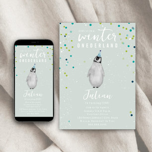 Winter Onederland Blue Birthday Penguin Confetti Kaart