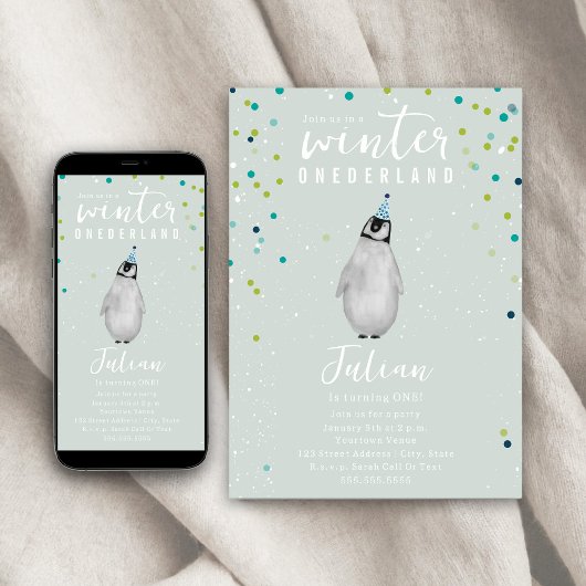 Winter Onederland Blue Birthday Penguin Confetti Kaart
