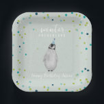 Winter Onederland Blue Birthday Penguin Confetti Papieren Bordje<br><div class="desc">Winter Onederland eerste verjaardagsfeest thema met pinguïn in blauw feest pet over lichtblauwe achtergrond met sneeuwvlek en confetti.</div>