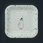 Winter Onederland Blue Birthday Penguin Confetti Papieren Bordje<br><div class="desc">Winter Onederland eerste verjaardagsfeest thema met pinguïn in blauw feest pet over lichtblauwe achtergrond met sneeuwvlek en confetti.</div>