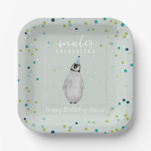 Winter Onederland Blue Birthday Penguin Confetti Papieren Bordje (Voorkant)