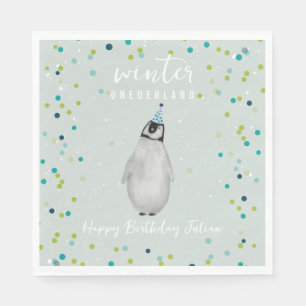 Winter Onederland Blue Birthday Penguin Confetti Servet