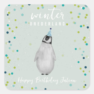 Winter Onederland Blue Birthday Penguin Confetti Vierkante Sticker