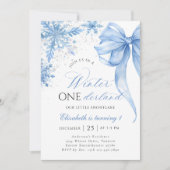 Winter Onederland Blue Bow Snowflake Verjaardag Kaart (Voorkant)