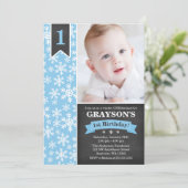 Winter Onederland Blue Boy 1e verjaardag uitnodigi Kaart (Staand voorkant)