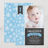 Winter Onederland Blue Boy 1e verjaardag uitnodigi Kaart (Voorkant / Achterkant)