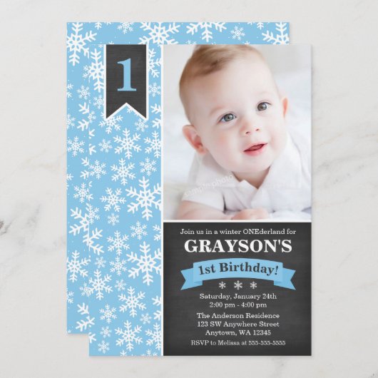 Winter Onederland Blue Boy 1e verjaardag uitnodigi Kaart (Voorkant / Achterkant)