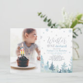 Winter Onederland Blue Boy 1st Birthday Foto Kaart (Staand voorkant)