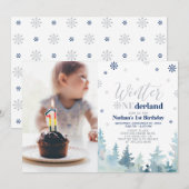 Winter Onederland Blue Boy 1st Birthday Photo Inv Kaart (Voorkant / Achterkant)