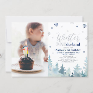 Winter Onederland Blue Boy 1st Birthday Photo Inv Kaart