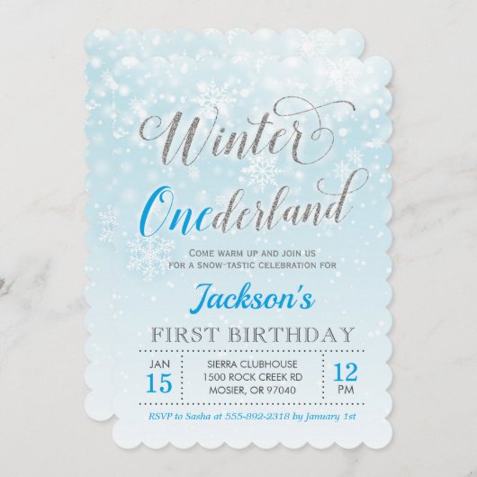 Winter Onederland Blue Boy Eerste Verjaardagsfeest Kaart (Voorkant / Achterkant)