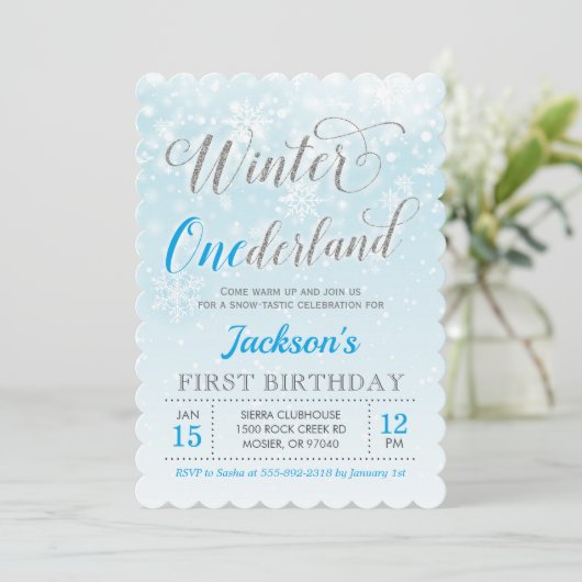 Winter Onederland Blue Boy Eerste Verjaardagsfeest Kaart (Staand voorkant)