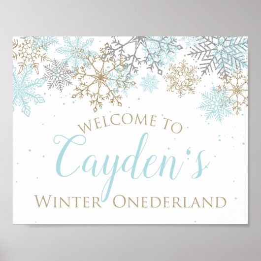 Winter Onederland Blue en Gold Welcome Sign Poster (Voorkant)