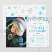 Winter Onederland Blue en Silver Boy 1st Birthday Kaart (Voorkant / Achterkant)