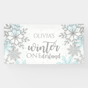 Winter Onederland Blue en Silver Snowflake Spandoek