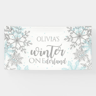 Winter Onederland Blue en Silver Snowflake Spandoek