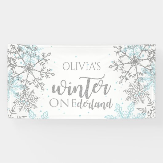 Winter Onederland Blue en Silver Snowflake Spandoek (Horizontaal)