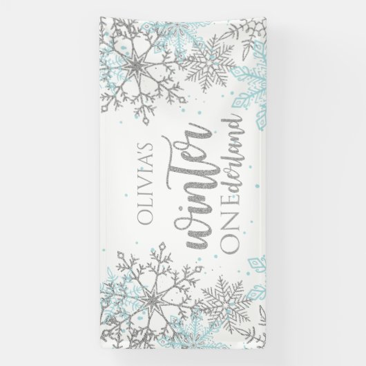 Winter Onederland Blue en Silver Snowflake Spandoek (Verticaal)