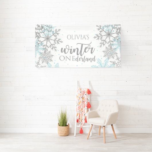 Winter Onederland Blue en Silver Snowflake Spandoek (Insitu)