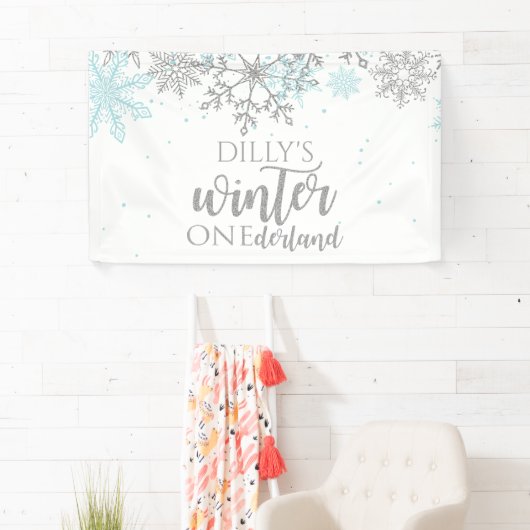 Winter Onederland Blue en Silver Snowflake Spandoek (Insitu)