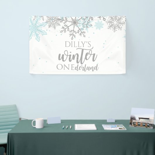 Winter Onederland Blue en Silver Snowflake Spandoek (Beurs)