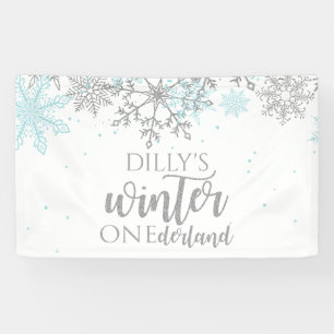 Winter Onederland Blue en Silver Snowflake Spandoek