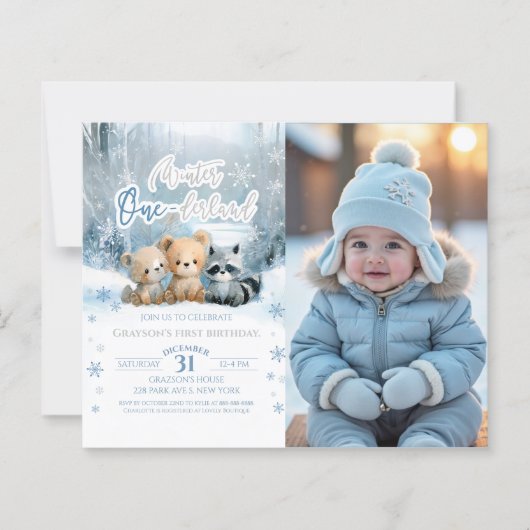 Winter Onederland Blue First Bday Photo Invitation (Voorkant)