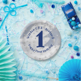 Winter ONEderland Blue First Birthday Snowflakes Papieren Bordje