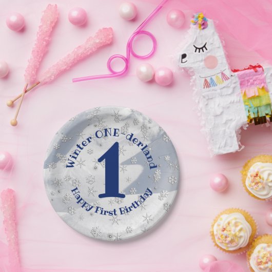 Winter ONEderland Blue First Birthday Snowflakes Papieren Bordje (Feest)