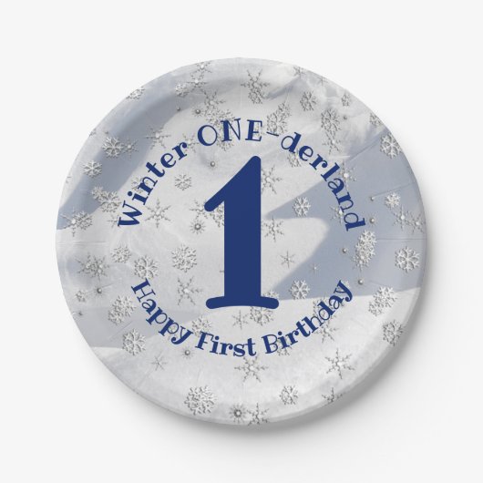 Winter ONEderland Blue First Birthday Snowflakes Papieren Bordje (Voorkant)
