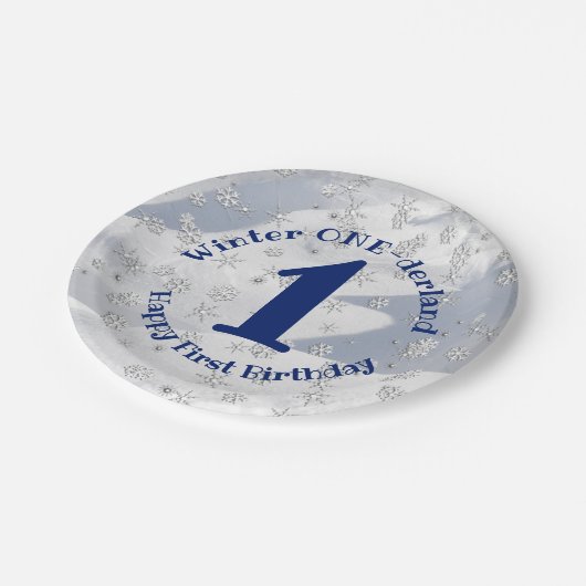 Winter ONEderland Blue First Birthday Snowflakes Papieren Bordje (Gekanteld)