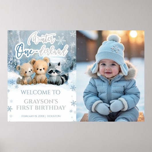 Winter Onederland Blue First Photo Welcome Sign Poster (Voorkant)