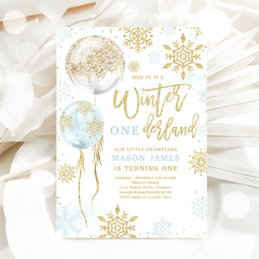 Winter Onederland Blue Gold Snowflake Birthday Kaart