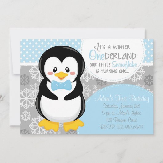 Winter ONEderland Blue Penguin Invitation Kaart (Voorkant)