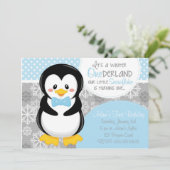 Winter ONEderland Blue Penguin Invitation Kaart (Staand voorkant)