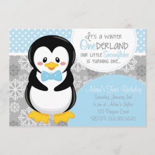 Winter ONEderland Blue Penguin Invitation Kaart