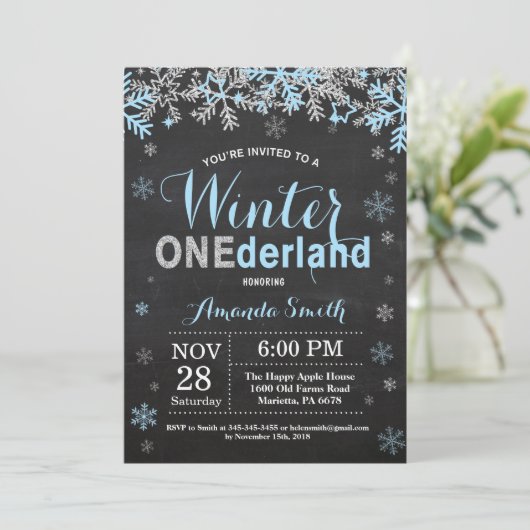 Winter Onederland Blue Silver Boy 1e verjaardag Kaart (Staand voorkant)