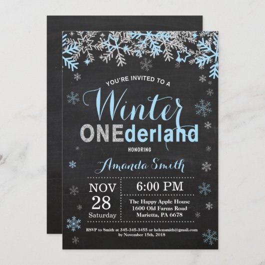 Winter Onederland Blue Silver Boy 1e verjaardag Kaart (Voorkant / Achterkant)