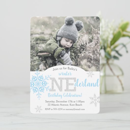 Winter ONEderland Blue Silver Glitter 1st Birthday Kaart (Staand voorkant)