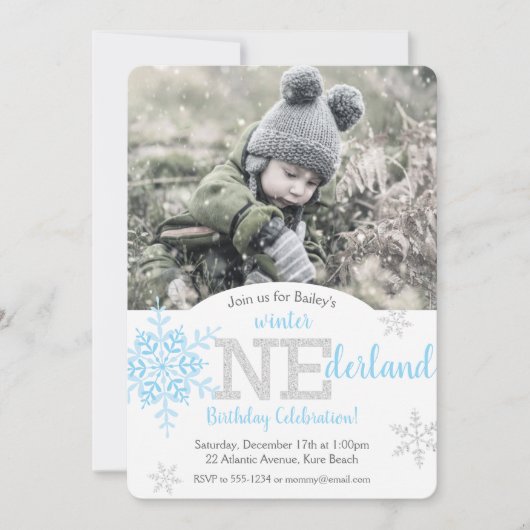 Winter ONEderland Blue Silver Glitter 1st Birthday Kaart (Voorkant)