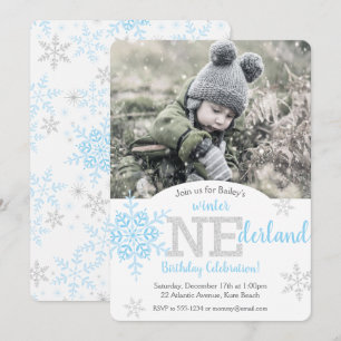 Winter ONEderland Blue Silver Glitter 1st Birthday Kaart